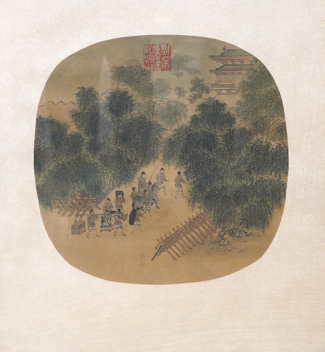 Chinese School, watercolour on silk, Procession of figures, oval, 27cm high. Condition - fair